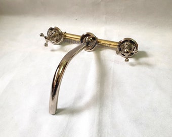 Silver Wall Mounted Bathroom Faucet – Vintage Cross Handles, Brass Valve