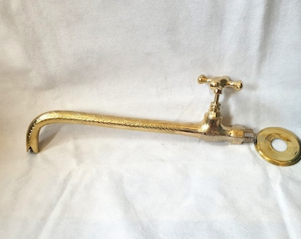 Engraved Unlacquered Brass Wall Mount Faucet, Moroccan Handmade Bathroom Vanity Faucet