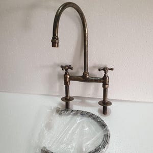 Solid Brass Patina Kitchen 8&quot; Bridge Faucet, Kitchen Sink Faucet, Antique Brass, Vintage Brass Faucet, Bridge Design with Swivel Spout