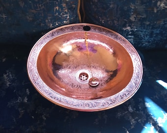 Handmade Moroccan Copper Oval Sink – Engraved Vessel Bathroom Lavatory