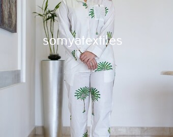 Indian Cotton P J Set, Pijamas Set ,Night Wear, Soft Cotton Night Suit- Gift for her, Bridesmaid PJ'sLounge Wear Plam Tree Print White