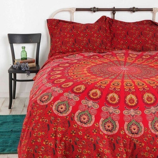 3 PC Set Doona Bedding Boho Indian Mandala Duvet Cover Reversible Doona Cover Bedspread 100% Cotton Bedding Set Red Mirchi