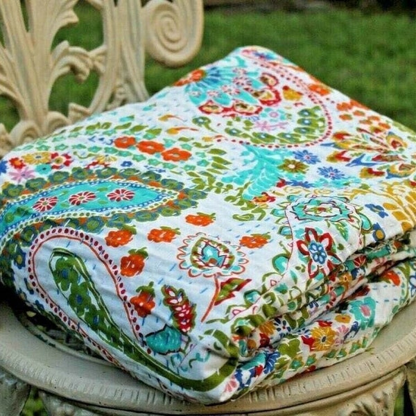indian white paisley print cotton kantha quilt Bedding throw sofa coverlet bedspread single/double/king size Handmade vintage blanket