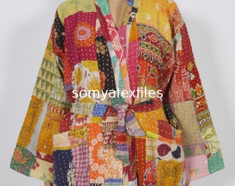 Vintage Patchwork Design Luxury Kimono Kantha Robe, Indian multi colour Quilted Dressing Gown, Vintage style, 100% Cotton Assorted Design