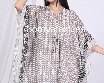 Indian Print Short Kaftan Dress, Bikini Cover Up Dress, Beach Cover Up, Women Nightwear, Bathrobe, Hand Block Print Cotton Kaftan