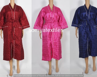 Silk kimono~Cotton Quilted Sleepwear robes~Indian warm winter wear robe~Quilted Kimono Indian Long jacket kimono Filling Cotton All colour