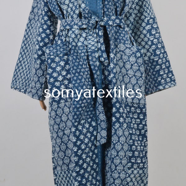 Peignoir kimono kantha de luxe vintage, imprimé patchwork bleu indigo indien, robe de chambre matelassée multicolore, style vintage, 100 % coton