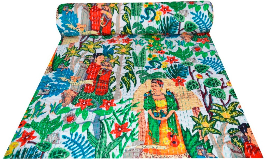 Kantha Quilt Frida Kahlo Indian Bedspread Handmade Blanket Queen Size Throw