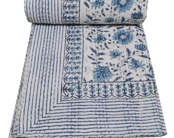 Couette kantha en coton indien imprimé à la main parure de lit jeté de canapé couvre-lit simple/double/king size Couverture vintage faite main blanc