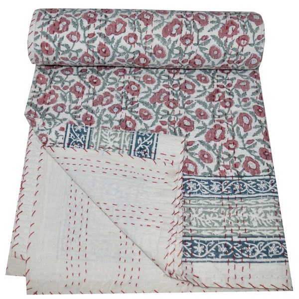 Courtepointe kantha en coton indien Literie jeté de canapé couvre-lit couvre-lit simple/double imprimé à la main blanc vintage