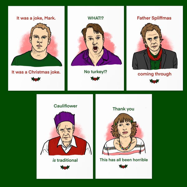 Paquete de 5 tarjetas navideñas de personajes de Peep Show con Mark, Jez y Dobby