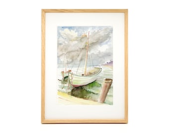 Kunstdruck, Aquarell, Wandbild, Motiv "Boot am Steg", Natur