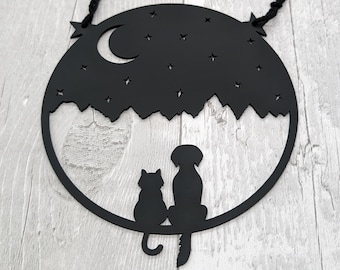 Best Friends - Cat and Dog Silhouette Art | Dog and Cat Decoration | Cat, Dog, Moon and Stars Wall Art | Gifts For Pet Lovers