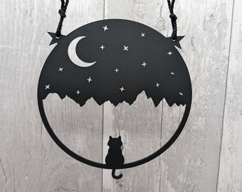 The Cat and the Crescent Moon Silhouette Art | Black Cat Moon and Stars Decoration | Gifts For Cat Lovers