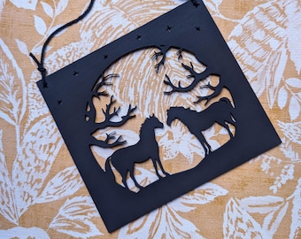 Horses by Moonlight - Black Wooden Horse Silhouette Hanging Decoration Lightcatcher • Equestrian Rustic Home Ornament