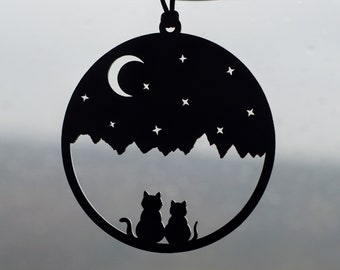 Black Cat Car Art | Cat Decoration | Gifts For Cat Lovers | Cats, Moon and Stars Car Accessory | Cat Silhouette
