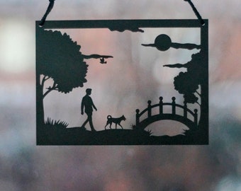 One Man and his Dog | Dog Decoration | Dog Light Catcher | Gifts For Dog Lovers | Dog, Trees and Sun Wall Art | Dog Silhouette