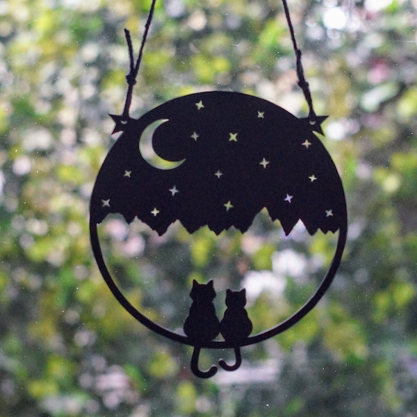 Two Cats and the Crescent Moon Silhouette | Black Cat Light Catcher | Gifts For Cat Lovers | Cats, Moon and Stars Wall Art | Cat Silhouette