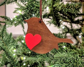 Wooden Robin Christmas Tree Decoration, Rustic Bird Ornament.