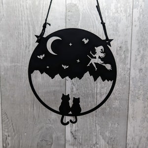 The Witch&#39;s Cat - Black Cat and Witch Wall Art | Cat Decoration | Cats, Bats, Witch and Moon Wall Art | Halloween Light Catcher