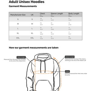 May include: A size chart for unisex hoodies showing chest, sleeve length, and body length measurements in inches and centimeters. The chart includes sizes S, M, L, XL, and XXL.