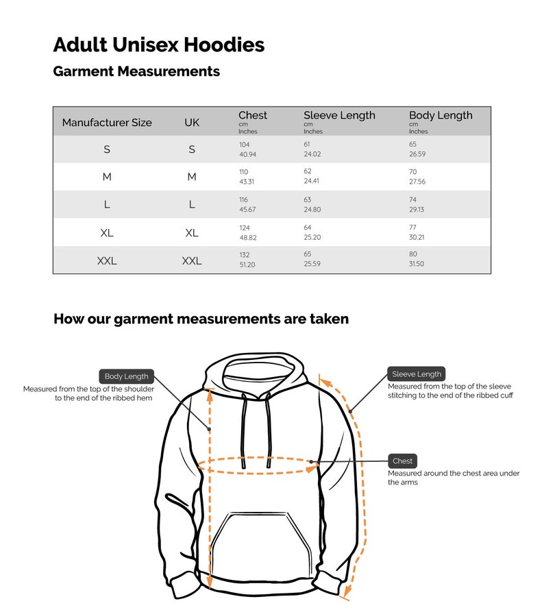 May include: A size chart for unisex hoodies showing chest, sleeve length, and body length measurements in inches and centimeters. The chart includes sizes S, M, L, XL, and XXL.