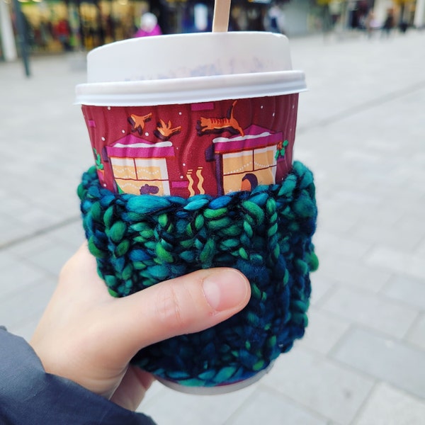 Coffee cup cosy (various colours), hand-knitted in 100% Merino wool