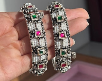 SHIVKA SAANJ 925 Silver Fusion Bangles | Set of 2 | CZ Stones | Artisan Crafted | 94g