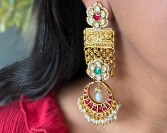 Elegant Jadau Kundan 925 Silver Earrings