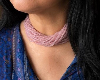 Rose Quartz Beads Choker Necklace: Brass Clasp, Adjustable