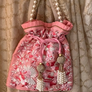 Rosa bestickte Seiden Potli Tasche / Braut Potli Tasche / Hochzeit Potli Tasche / Hochzeitstasche