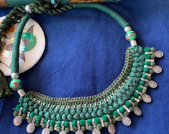 Handcrafted Green Thread Necklace: Tribal Boho Design