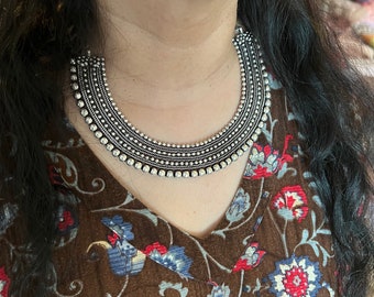 Embroidery Fashion Necklace with Flower Studs/ Oxidised Necklace Set / Handcrafted Necklace Set