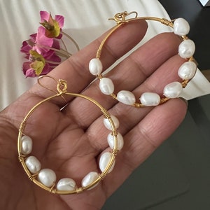 Classy Pearl Hoop Danglers / Brass Earrings/ Brass Hoops/ Handmade Earrings