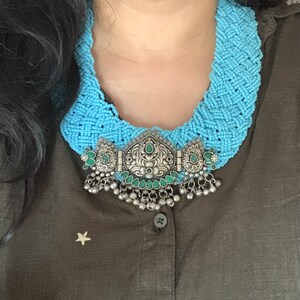 Designer Blue Beaded Antique Pendant Necklace with Earrings