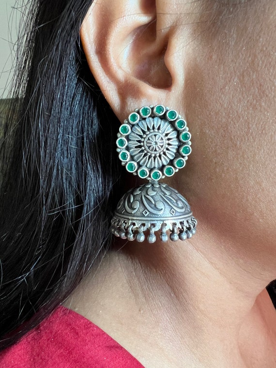 Buy OOMPH Oxidised Silver Jhumka Earrings-Pink Opal MoonStone online