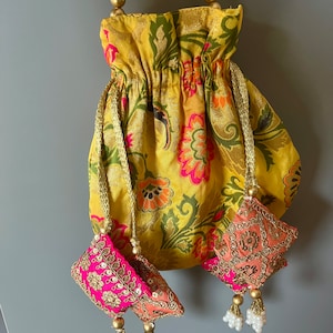 Yellow Silk Potli Bag/ Bridal Potli Bag/ Wedding Potli Bag/ Indian Wedding Bag