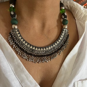 Handmade Brass and Thread Bead Tasseled Hasli Necklace for a Tribal Chic Vibe