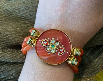 Orange Bead Affair Bracelet/ Kundan Bracelet/ Wedding Bracelet/ Indian Bracelet/ Stylish Bracelet