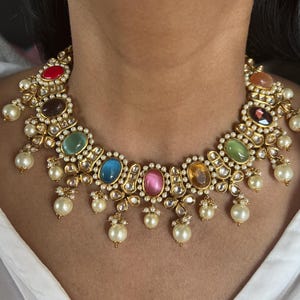 Royal Multicolored Pearls and Kundan Necklace with Earrings
