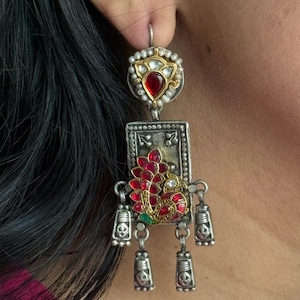 SHIVKA 925 Silver Peacock Fusion Earrings - Kundan