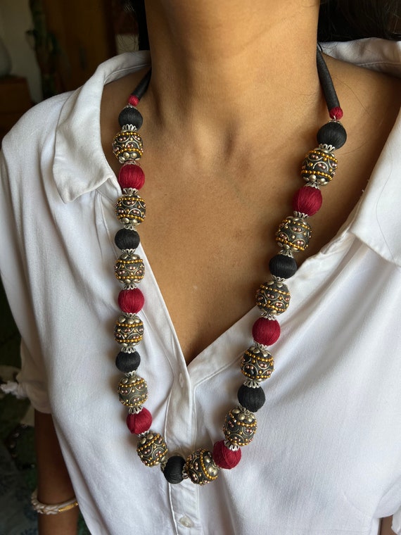Handmade Brass and Thread Bead Statement Necklace for Stylish