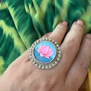 Hand-Painted Lotus Ring - Exquisite Artistry from Jaisalmer, Rajasthan