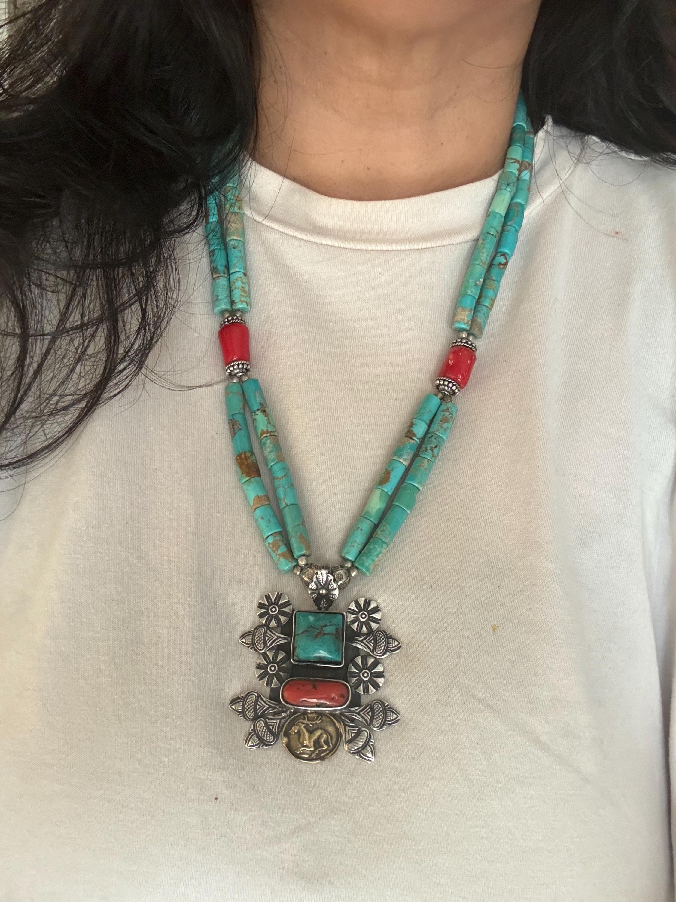 Designer Turquoise and Coral Stone Necklace With 925 Silver