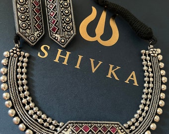 Hexagon Antique Necklace with Statement Studs / Antique Necklace Set/ Vintage Necklace Set/ Tribal Necklace Set