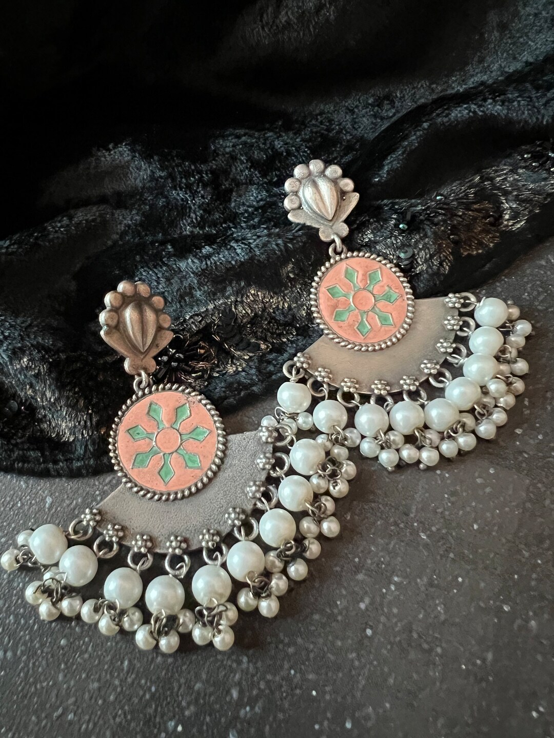 Black - Antique Silver Finish Oxidised Brass Base Stone Work Earrings