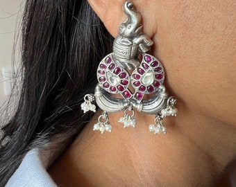 Pure Silver Elephant Kundan and Kemp Earrings / Heirloom Jewellery/ Vintage Pure Silver Earrings/ Art Jewellery /South Indian Jewellery