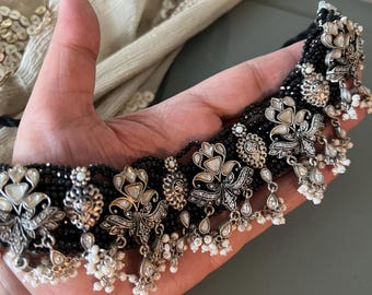 Exclusive Black 925 Silver Choker Necklace with Stunning Silver Embellishments
