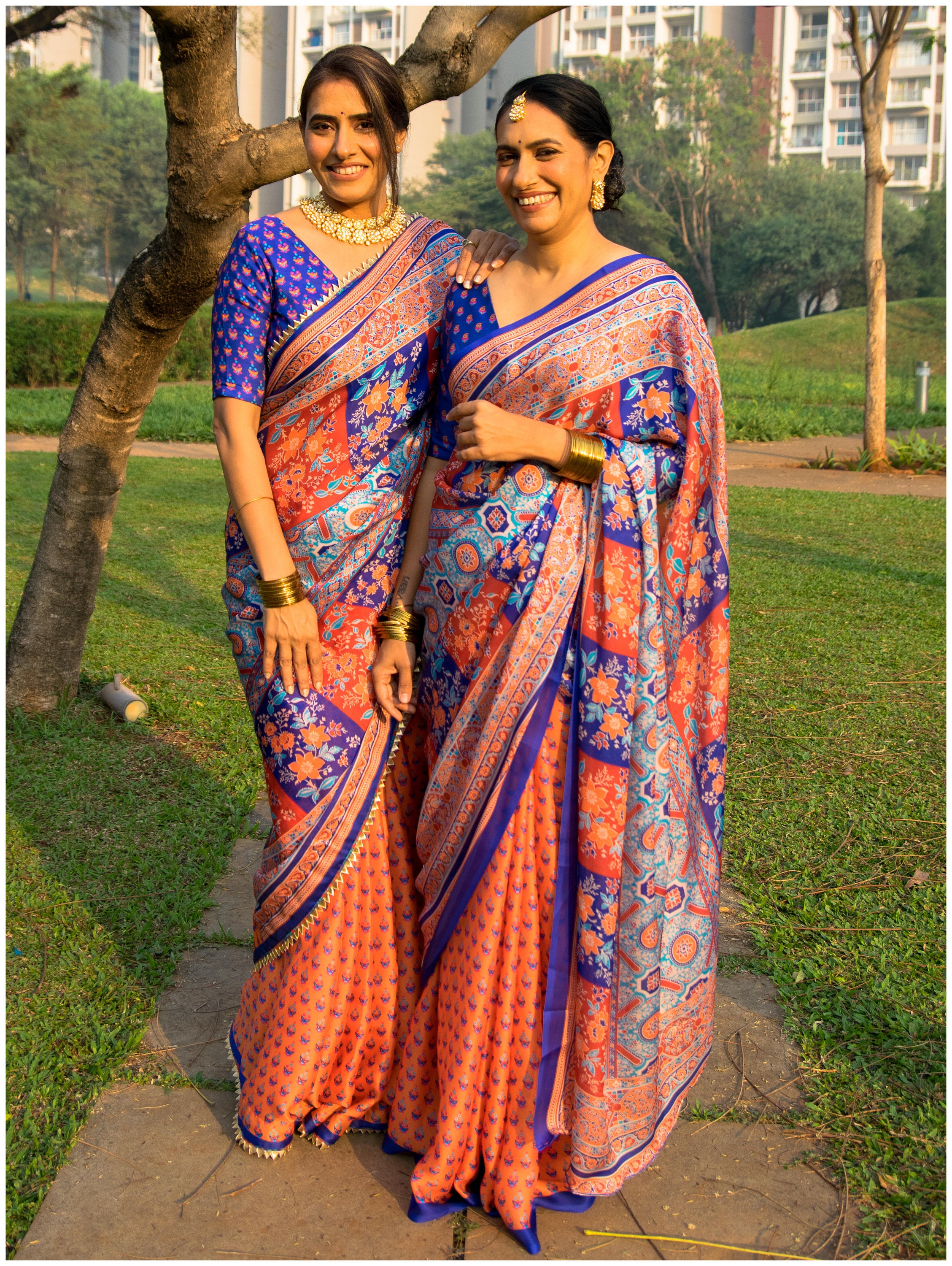 Orange Blue Saree - Noor - Etsy