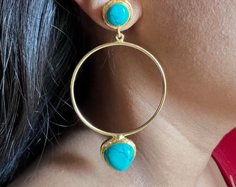 Turquoise Hoop Style Earrings / Brass Earrings/ Brass Hoops/ Handmade Earrings